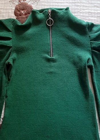 Fermuarlı Yüksek Yaka Yeşil Kadın bluz - Görsel 2