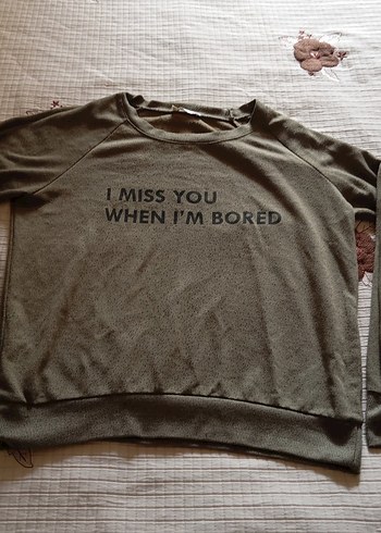 haki renk Baskılı Pamuklu Kadın Sweatshirt - Görsel 3