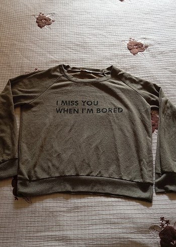 haki renk Baskılı Pamuklu Kadın Sweatshirt - Görsel 2