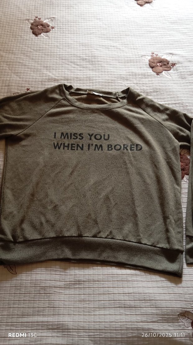 haki renk Baskılı Pamuklu Kadın Sweatshirt - Görsel 3