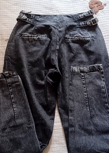 antrasit Düğmeli  kemerli Loose Fit Kadın Denim Pantolon - Görsel 4