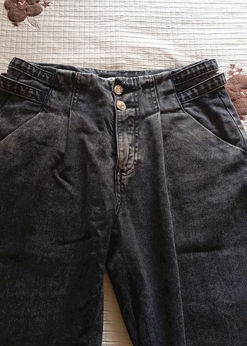 antrasit Düğmeli  kemerli Loose Fit Kadın Denim Pantolon - Görsel 2