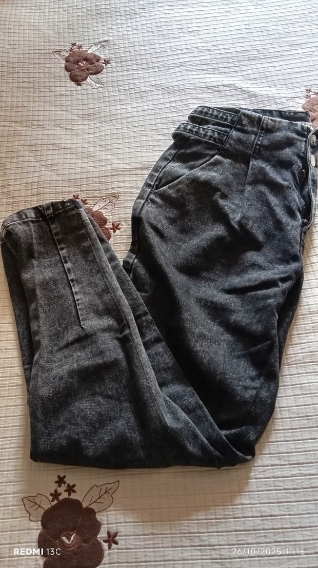 antrasit Düğmeli  kemerli Loose Fit Kadın Denim Pantolon - Görsel 3