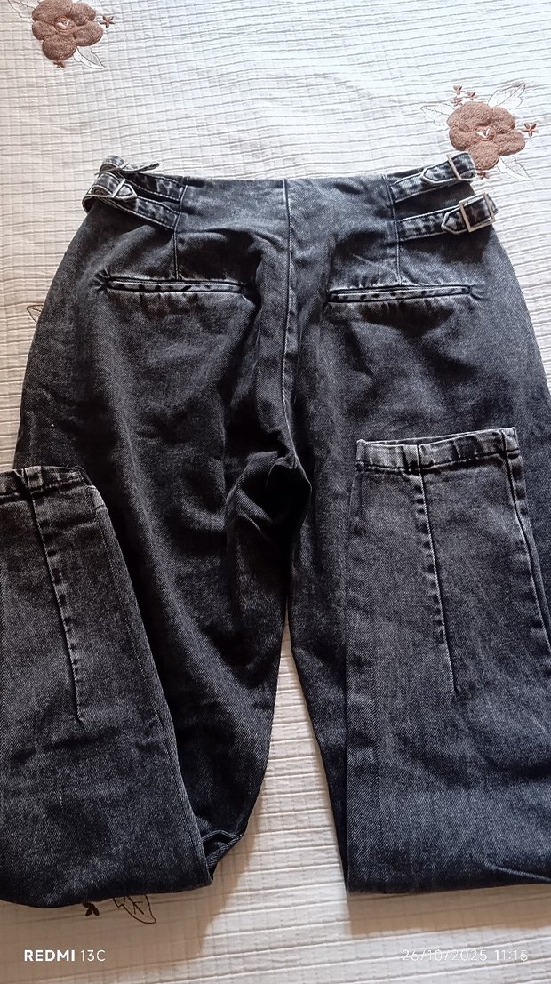 antrasit Düğmeli  kemerli Loose Fit Kadın Denim Pantolon - Görsel 4