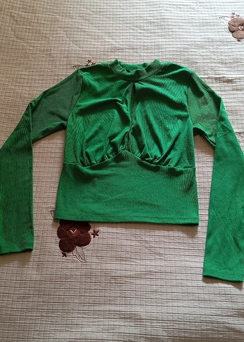 Yeşil Dik Yaka Uzun Kollu Triko Bluz - Görsel 3