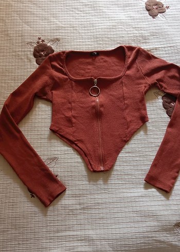 taba renkli Fermuarlı Triko Bluz - Görsel 4