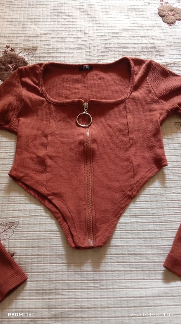 taba renkli Fermuarlı Triko Bluz - Görsel 5