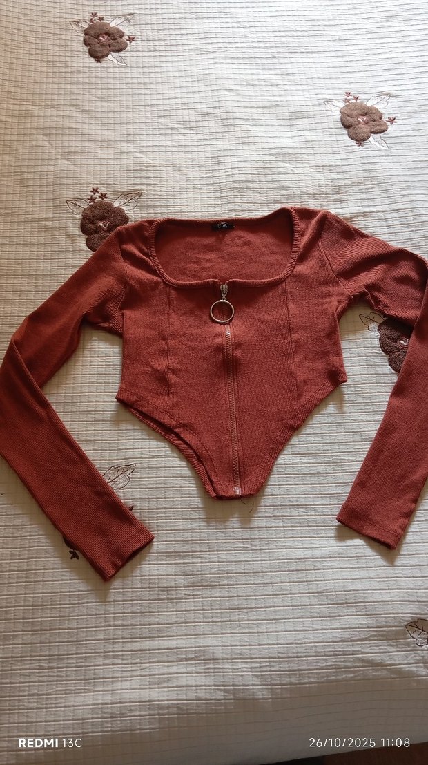 taba renkli Fermuarlı Triko Bluz - Görsel 3