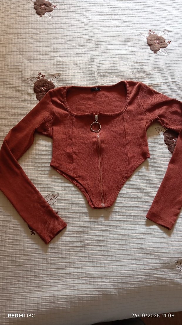 taba renkli Fermuarlı Triko Bluz - Görsel 4