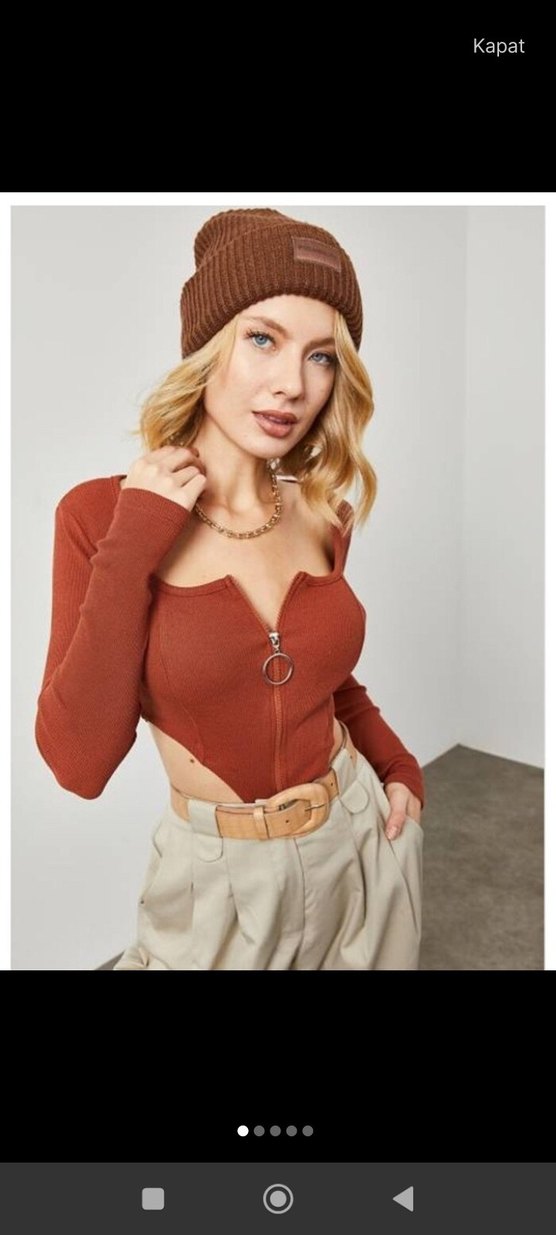 taba renkli Fermuarlı Triko Bluz - Görsel 2