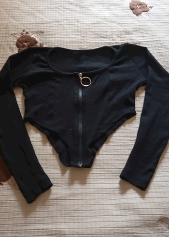 Siyah Fermuarlı Uzun Kollu Crop Top - Görsel 2