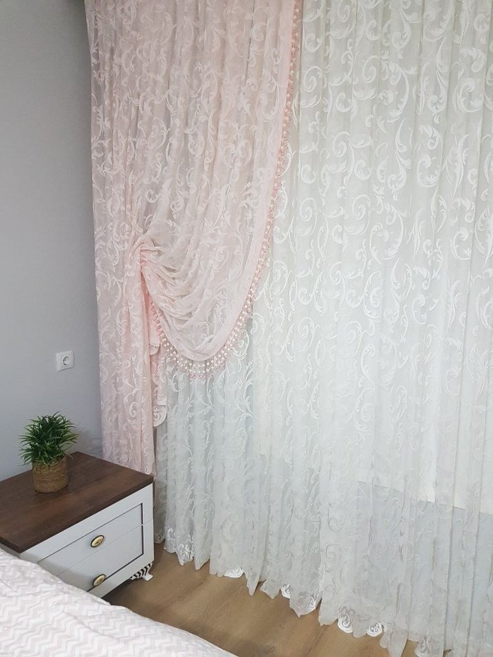 Modern Klasik Beyaz Nakışlı Fon Tül Perde(2 adet) - Görsel 2