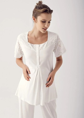 Beyaz Uzun Kollu Hamile Pijama Takımı - Görsel 5