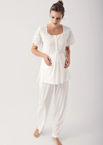 Beyaz Uzun Kollu Hamile Pijama Takımı - Görsel 2