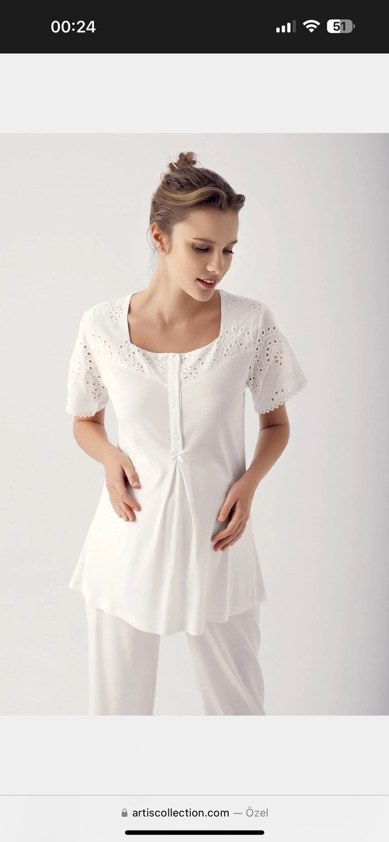 Beyaz Uzun Kollu Hamile Pijama Takımı - Görsel 5