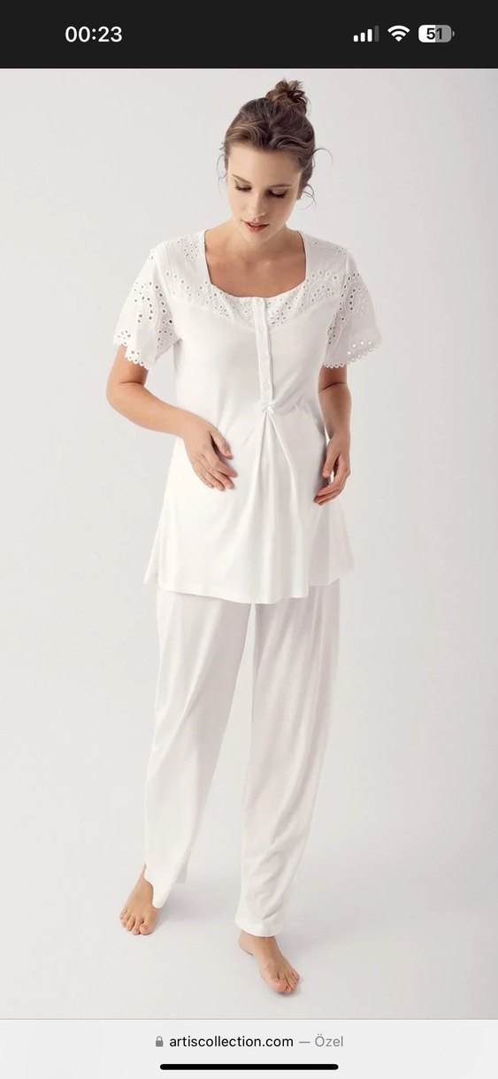 Beyaz Uzun Kollu Hamile Pijama Takımı - Görsel 3
