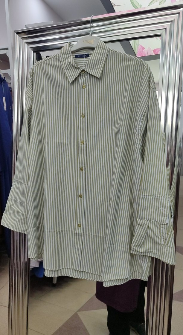 Bej Çizgili Uzun Kollu Kadın Gömlek ketche - Görsel 3