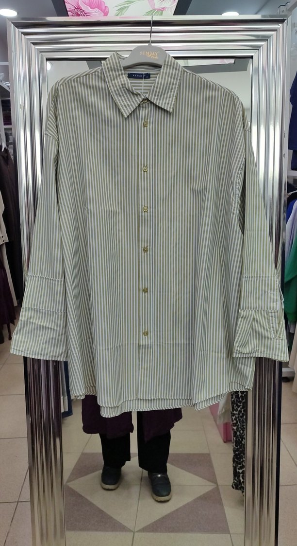 Bej Çizgili Uzun Kollu Kadın Gömlek ketche - Görsel 2