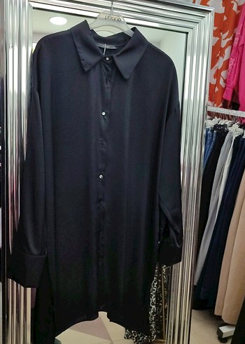 Siyah Uzun Kollu Düğmeli Kadın Gömlek saten - Görsel 4