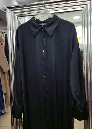 Siyah Uzun Kollu Düğmeli Kadın Gömlek saten - Görsel 3