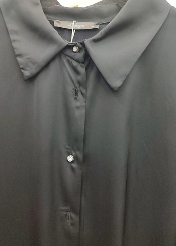 Siyah Uzun Kollu Düğmeli Kadın Gömlek saten - Görsel 5