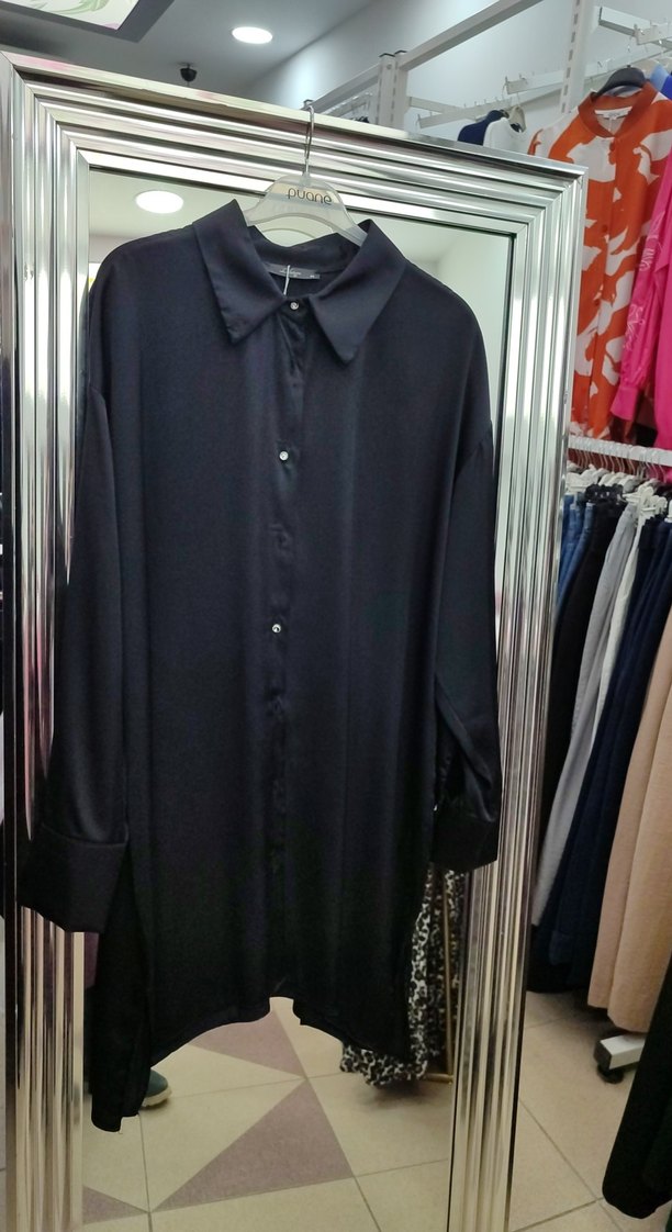 Siyah Uzun Kollu Düğmeli Kadın Gömlek saten - Görsel 4