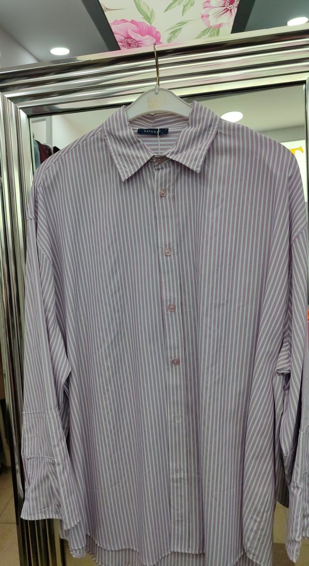 Düğmeli, Çizgili, Uzun Kollu Kadın Gömlek ketche - Görsel 2