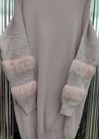 Pembe Uzun Kollu Kürklü Triko Kadın Kazak taşları zımbalı düşmez - Görsel 3