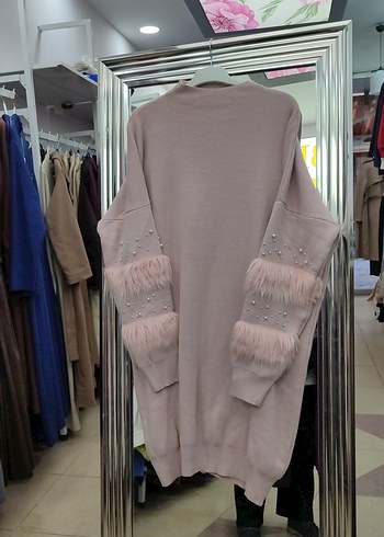 Pembe Uzun Kollu Kürklü Triko Kadın Kazak taşları zımbalı düşmez - Görsel 2