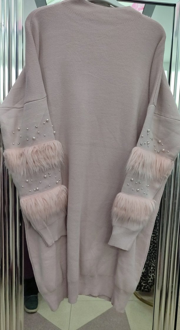 Pembe Uzun Kollu Kürklü Triko Kadın Kazak taşları zımbalı düşmez - Görsel 3