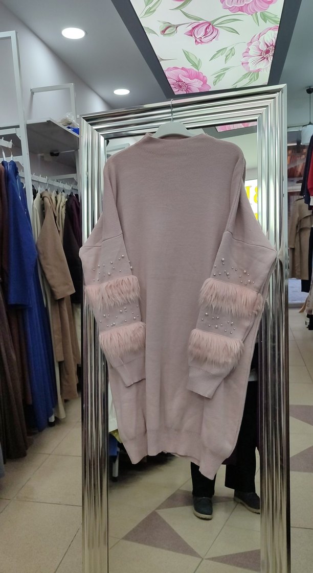 Pembe Uzun Kollu Kürklü Triko Kadın Kazak taşları zımbalı düşmez - Görsel 2