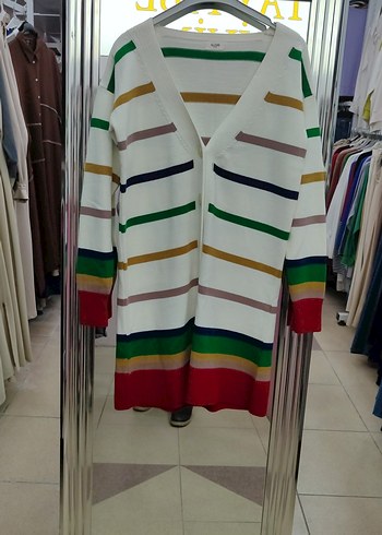 Çizgili V Yaka Uzun Kollu Kadın Triko hırka allday - Görsel 2