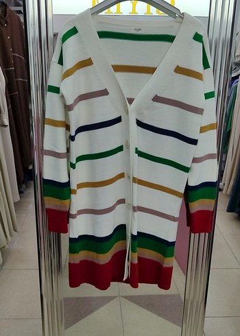 Çizgili V Yaka Uzun Kollu Kadın Triko hırka allday - Görsel 6