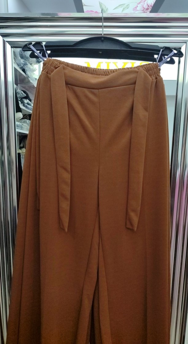 hardal Pilili Bol Kesim Kadın pantolon kuşaklı ve beli lastikli - Görsel 3