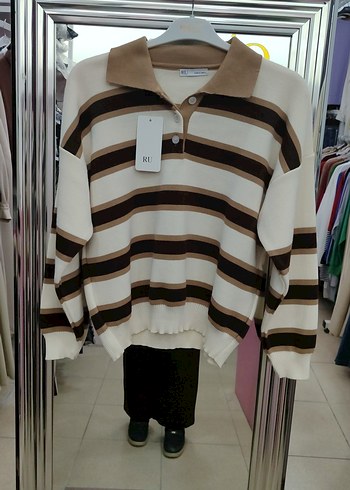 Kadın Kahverengi Çizgili Triko Kazak - Görsel 4