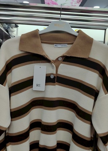 Kadın Kahverengi Çizgili Triko Kazak - Görsel 3