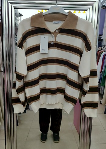 Kadın Kahverengi Çizgili Triko Kazak - Görsel 2