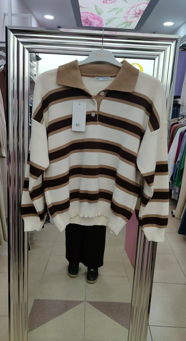 Kadın Kahverengi Çizgili Triko Kazak - Görsel 4