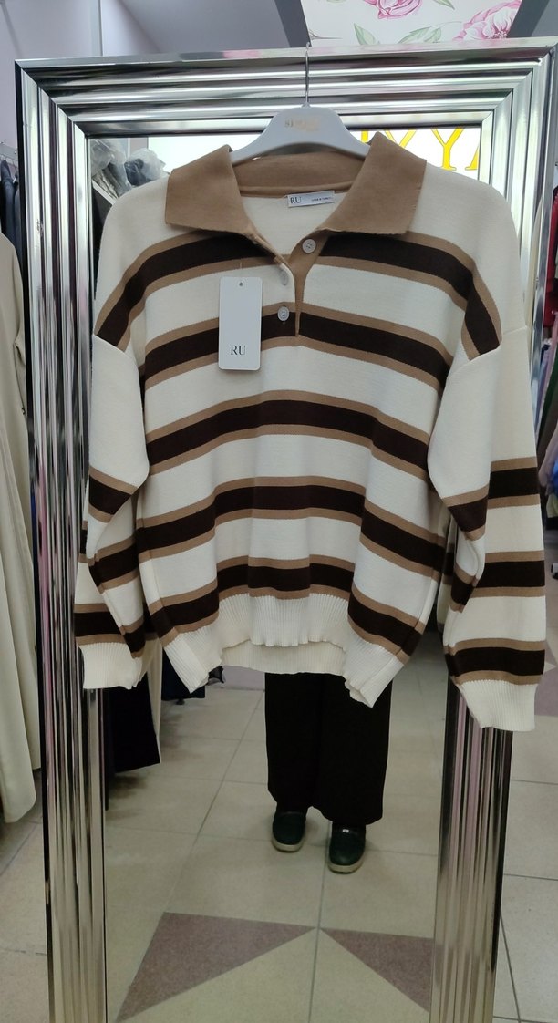 Kadın Kahverengi Çizgili Triko Kazak - Görsel 5