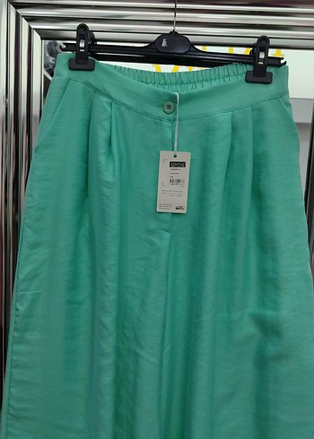 Kadın Yeşil Salaş Pilili Uzun geniş paça Pantolon Qimene - Görsel 3