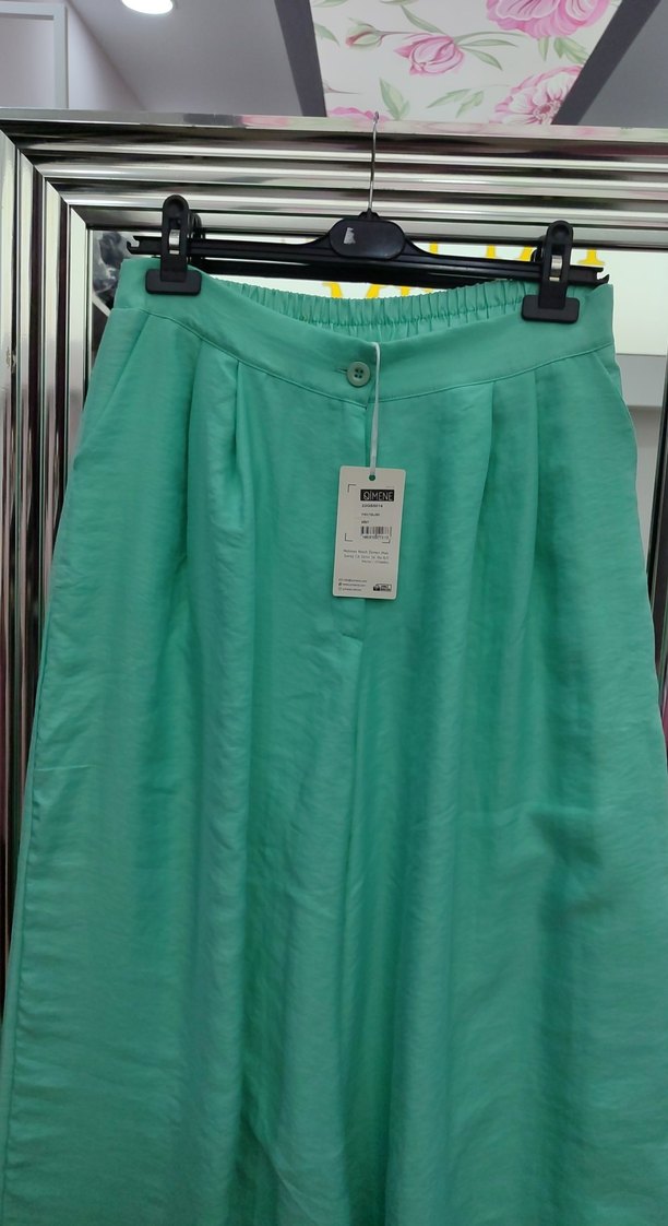 Kadın Yeşil Salaş Pilili Uzun geniş paça Pantolon Qimene - Görsel 3