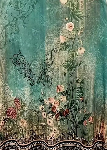 Bohem Çiçek Desenli Turkuaz Midi Elbise - Görsel 2