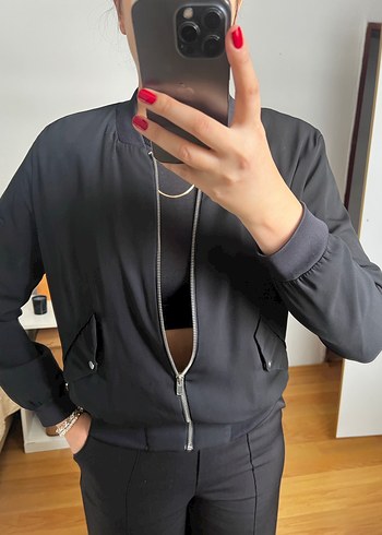 Zara Siyah Kadın ince Bomber Ceket, Fermuarlı, - Görsel 2