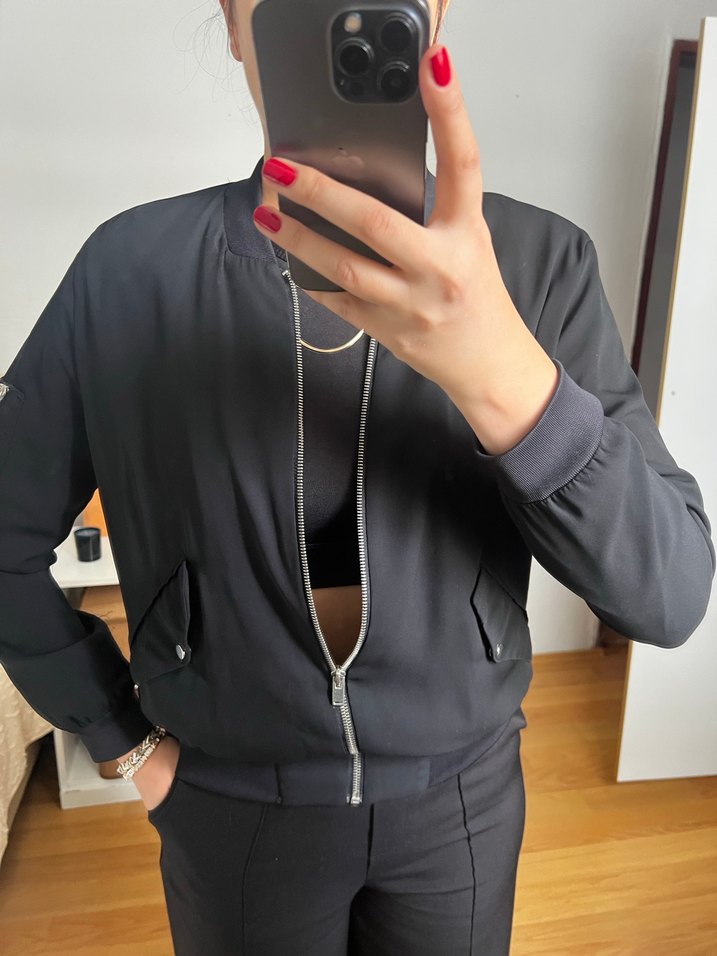 Zara Siyah Kadın ince Bomber Ceket, Fermuarlı, - Görsel 2