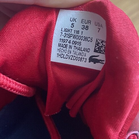 38 Beden kırmızı Renk Lacoste Spor Ayakkabı
