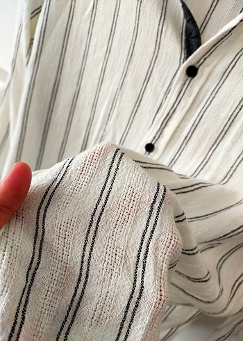 xl Beden Düğmeli Beyaz Çizgili Keten Gömlek