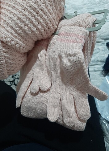 5-8 Yaş, 22 cm Beden pembe Renk Kitti 3 lü sapka atki eldiven