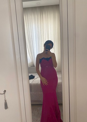 Mor Drapeli Uzun Straplez Abiye Elbise - Görsel 2