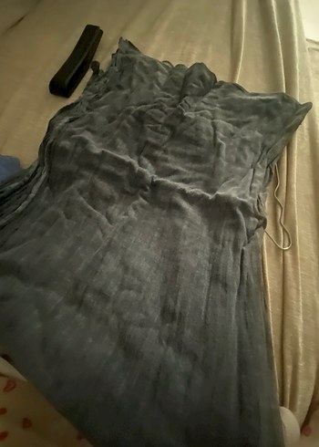 Mavi- lacivert ton taşlaşmış Keten Drapeli Kadın Şal - Görsel 4