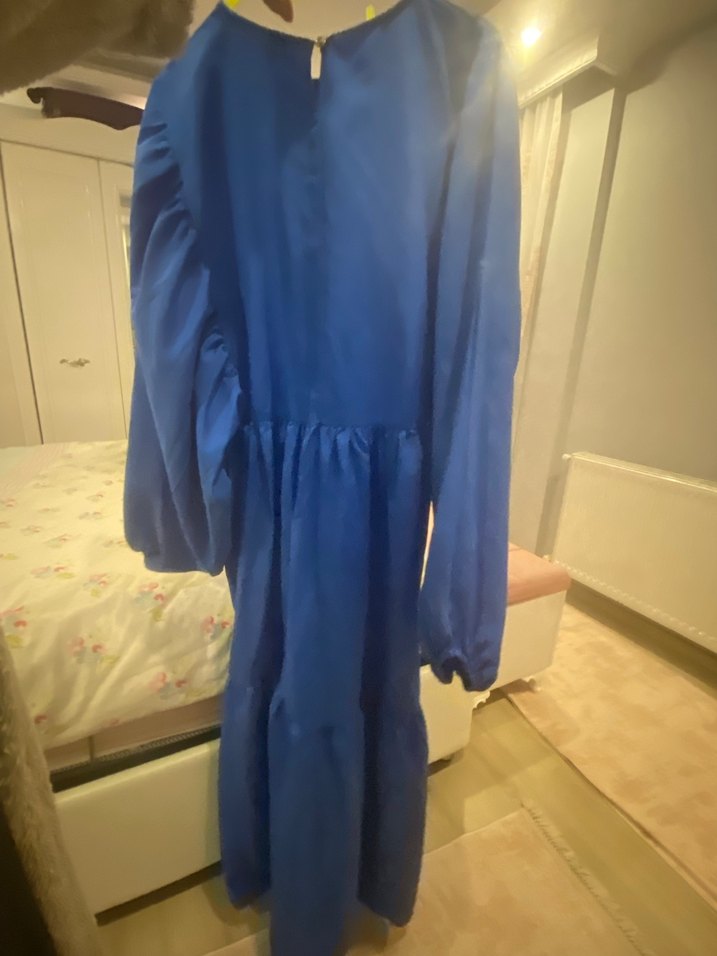 Mavi Uzun Kollu Salaş V Yakalı Elbise - Görsel 2